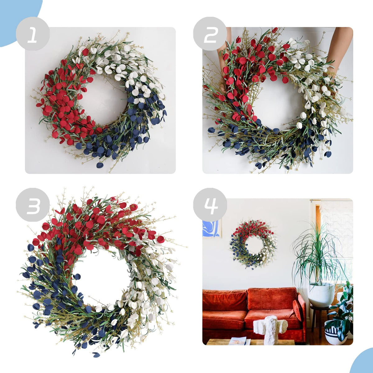 Bibelot patriotic floral wreath for indoor or covered outdoor display.