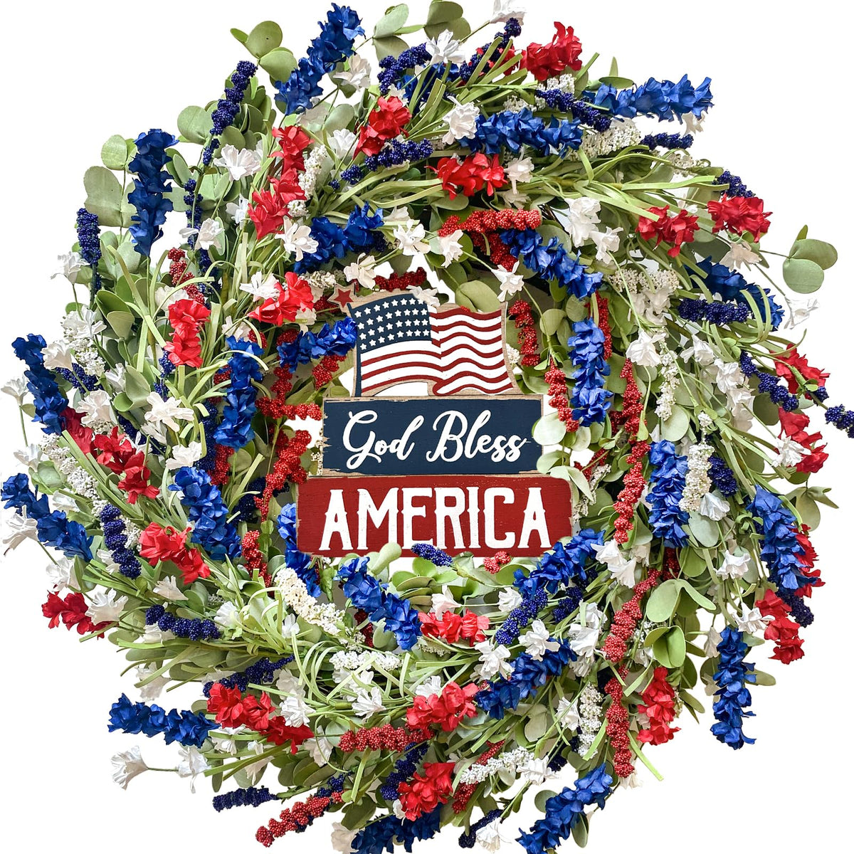 Bibelot patriotic wreath front door display with vibrant red white blue flowers to welcome guests.