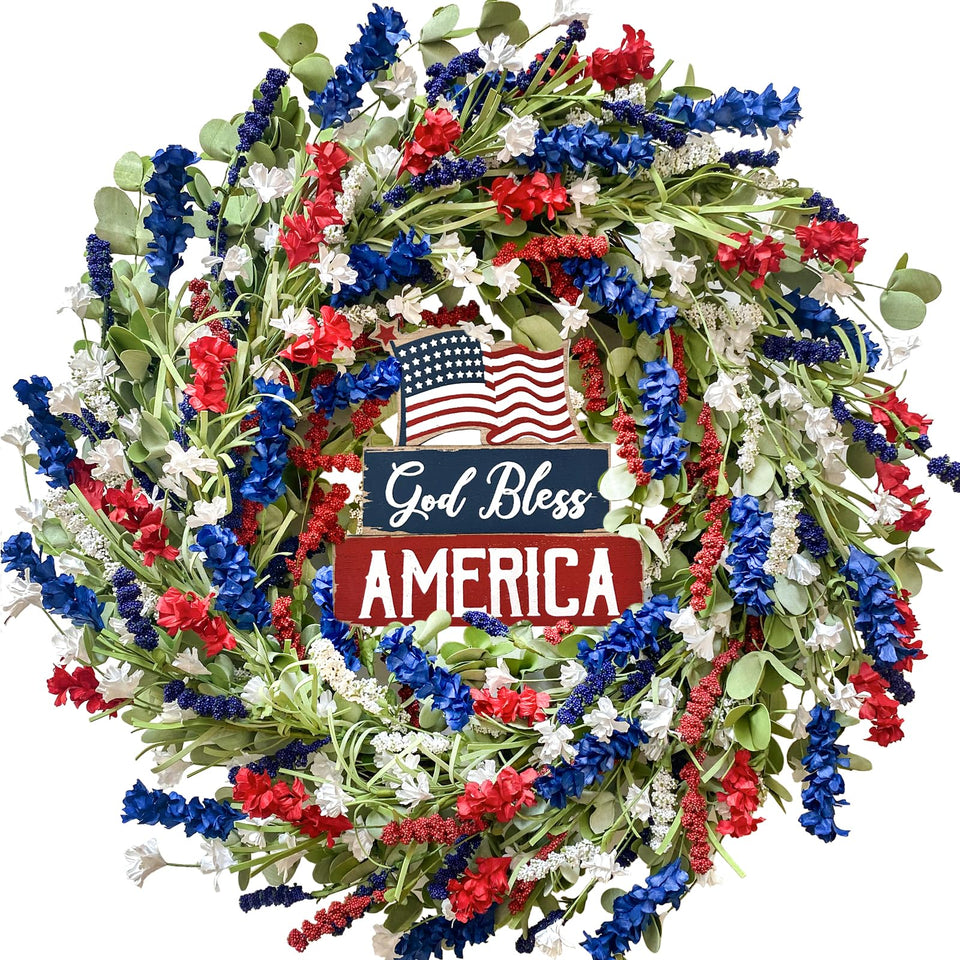 Bibelot patriotic wreath front door display with vibrant red white blue flowers to welcome guests.
