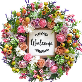 Bibelot spring-summer wreath on front door with hydrangea and berries, boosting welcoming curb appeal.