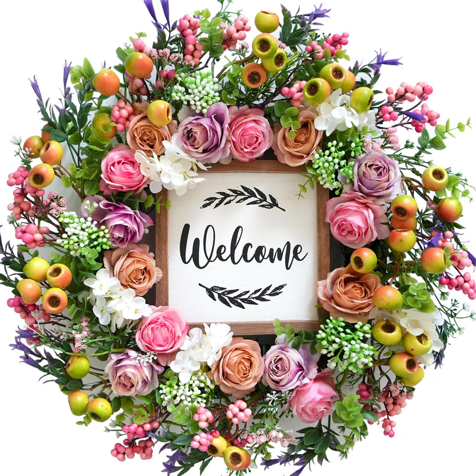 Bibelot spring-summer wreath on front door with hydrangea and berries, boosting welcoming curb appeal.