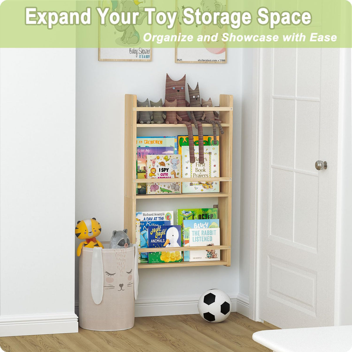 Bidami 3-tier shelf displays books and toys with 11-inch spacing.