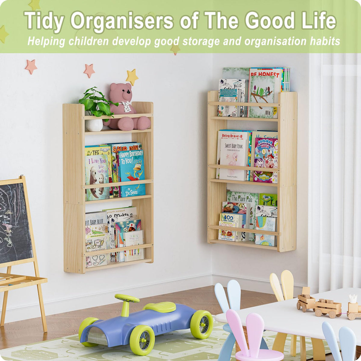 Bidami nursery wall shelf blends with decor and keeps essentials organized.