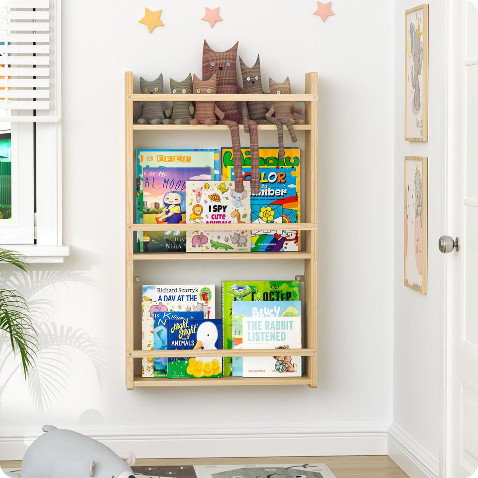 Bidami 3-tier wall bookshelf for kids with radiata pine finish highlights durability.
