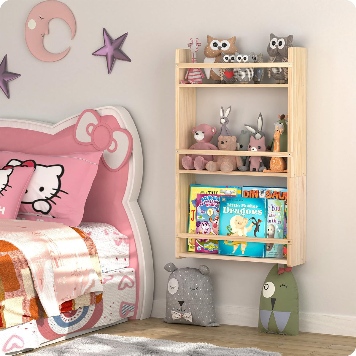 Bidami kid-friendly wall shelf stores favorites within easy reach.