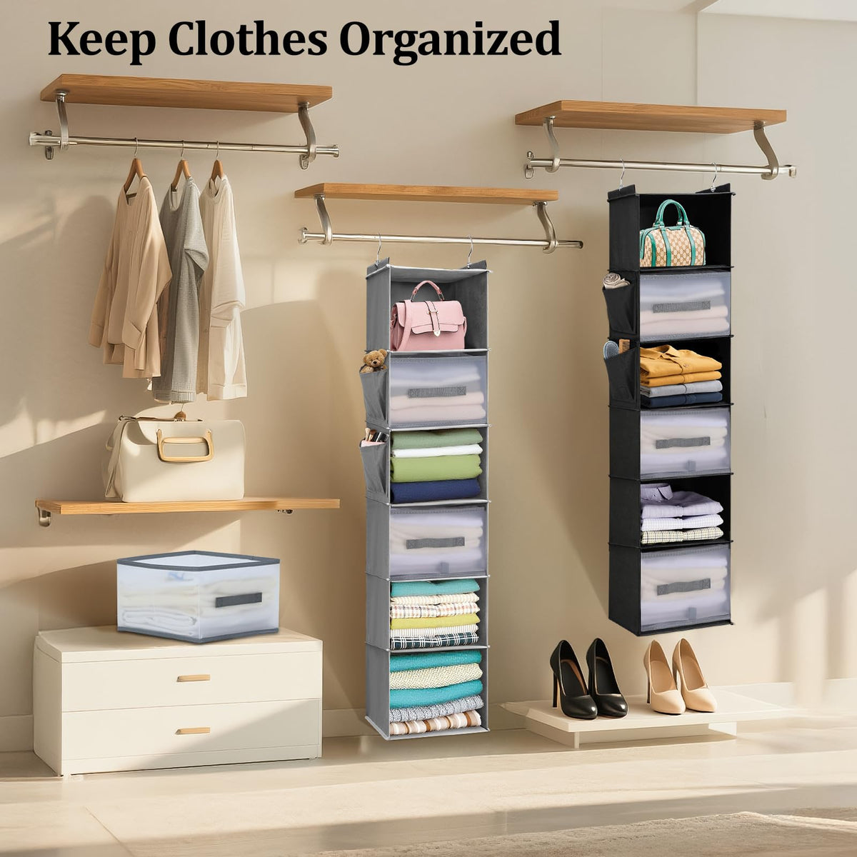 BIEBOS drawers organize belts, socks, and small accessories for clear closet order.