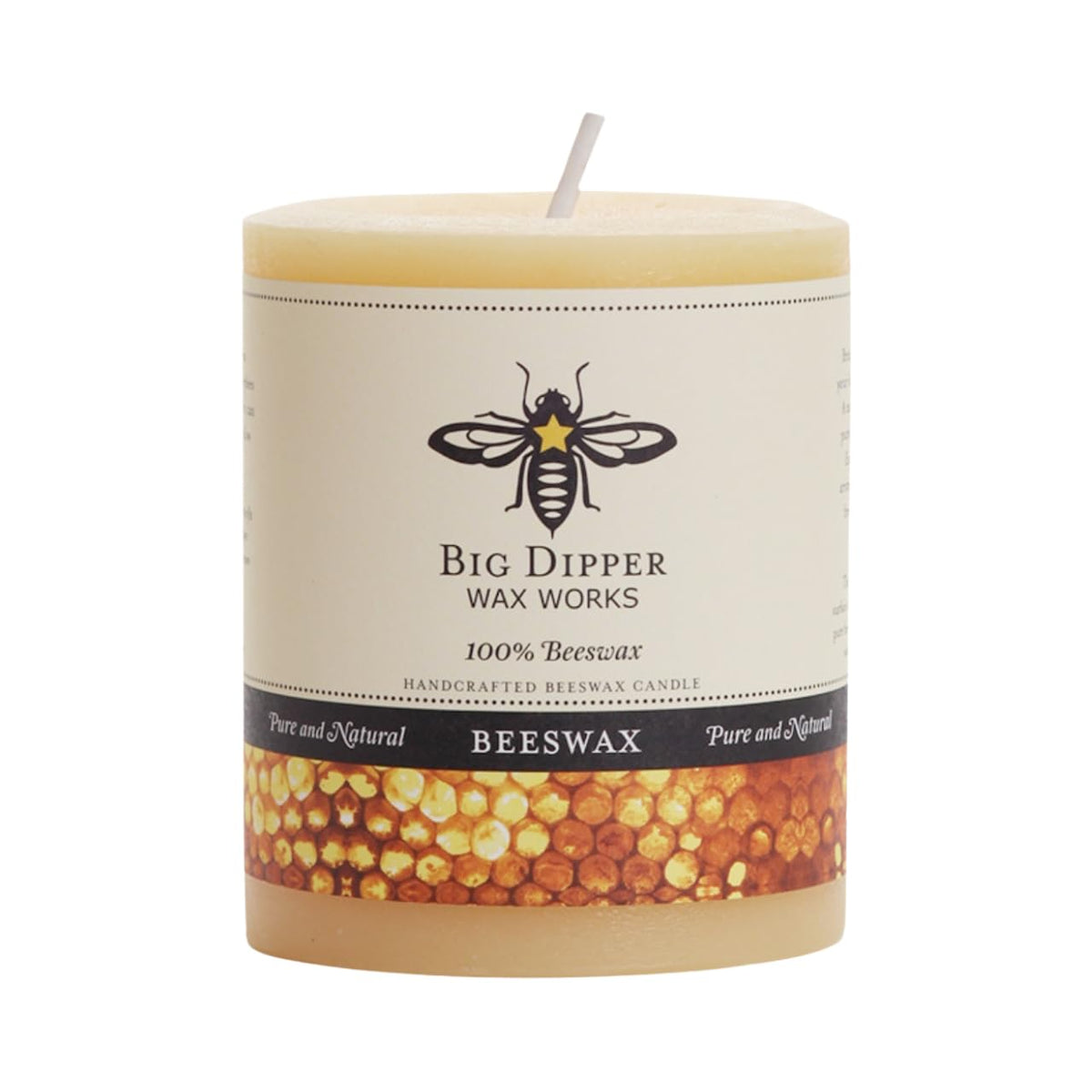 Big Dipper Wax Works beeswax pillar candle shows 3x3.5 inch size with clean burn for calm spaces.