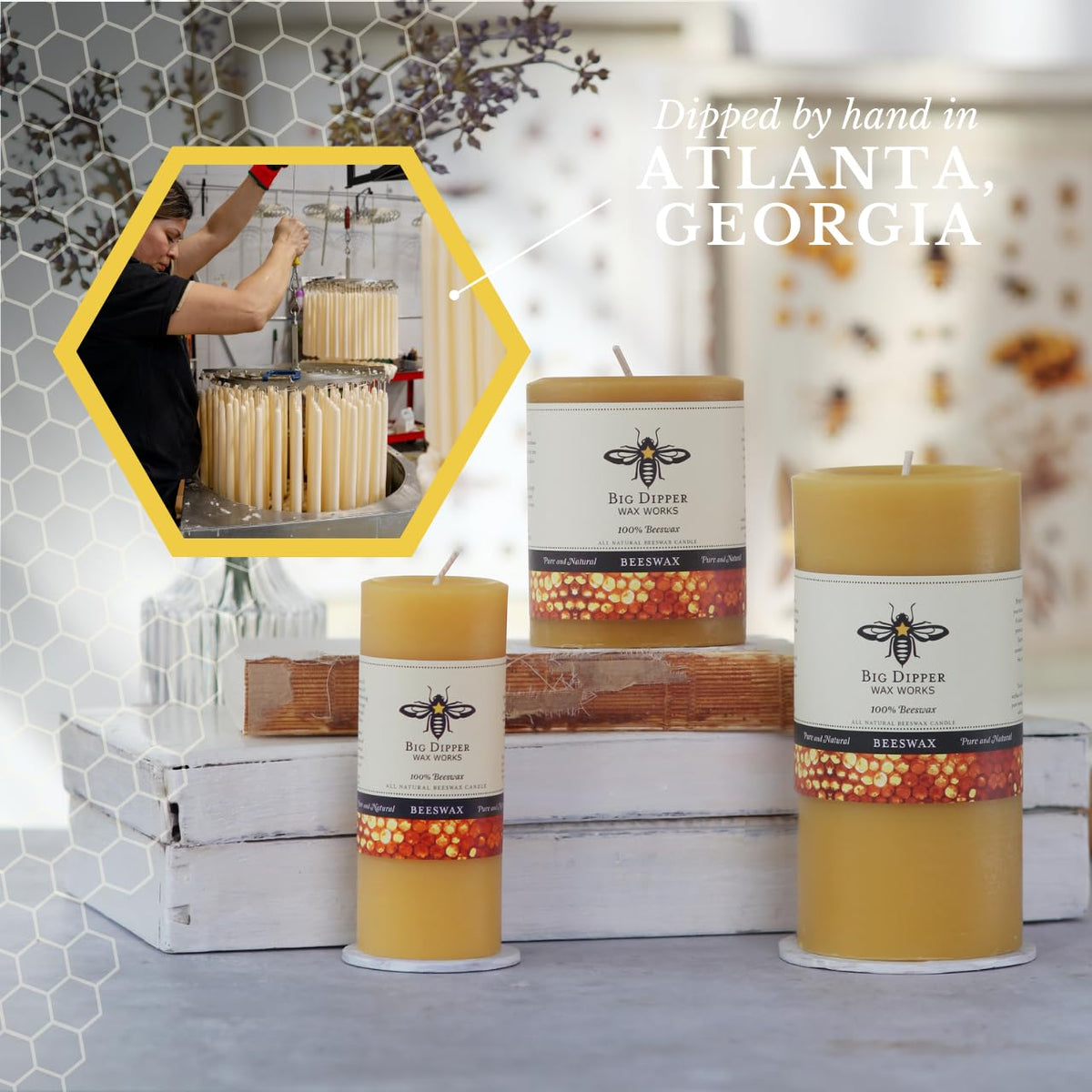 Big Dipper Wax Works natural honey aroma candle, hive-inspired scent.
