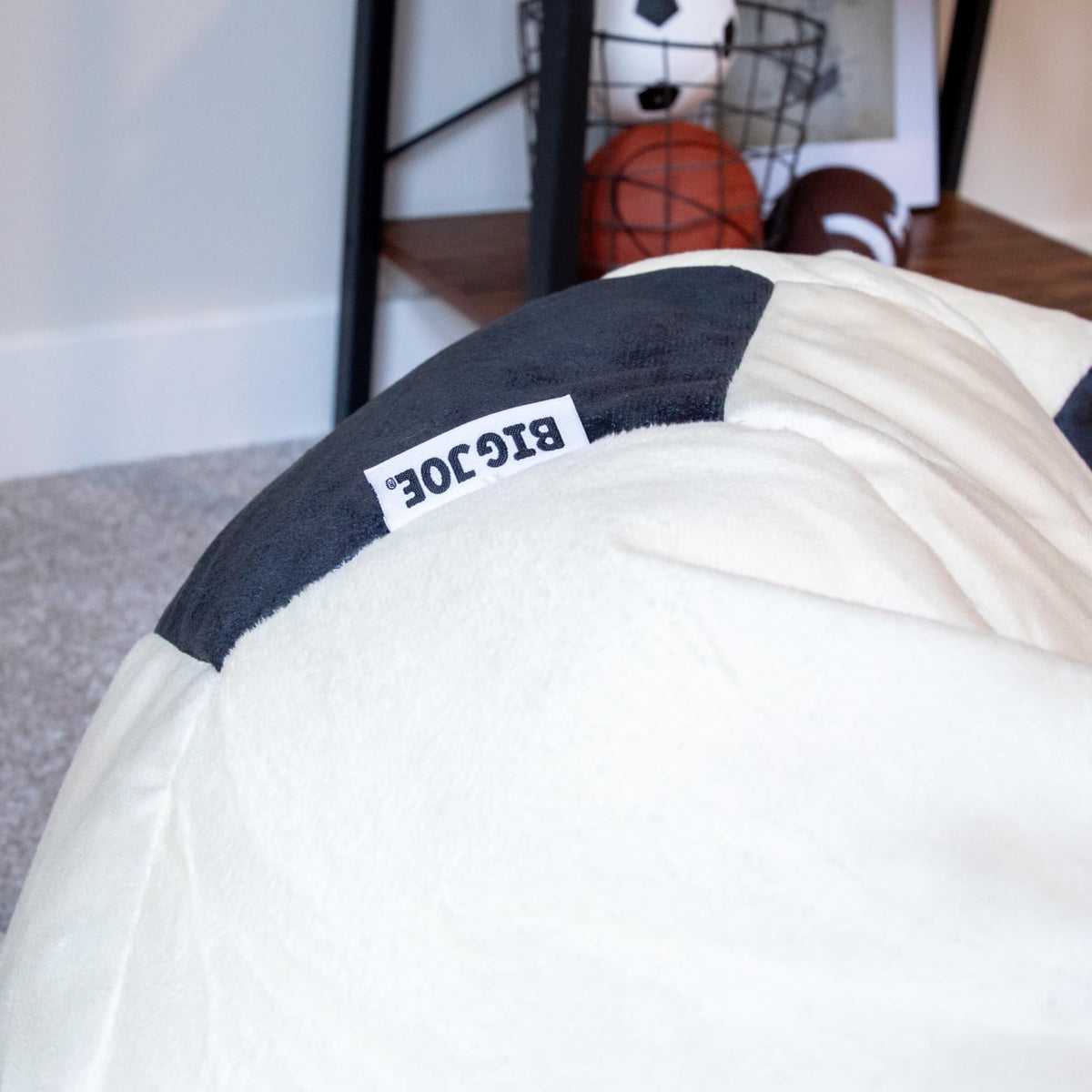Big Joe kid room setup shows versatile seating for reading.