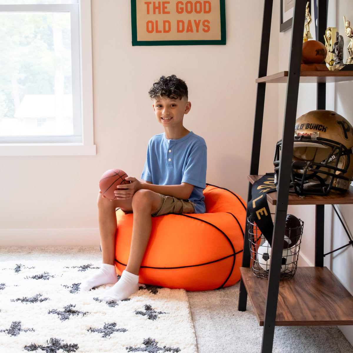 Big Joe sports ball bean bag chair uses soft plush fabric for gentle lounging.