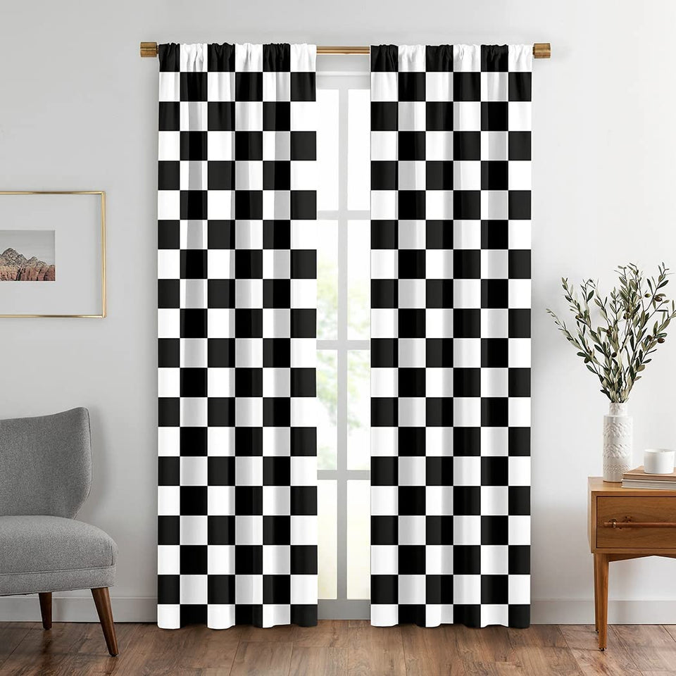 BigLixhgg black and white checkered drapes window close-up for living room ambiance.