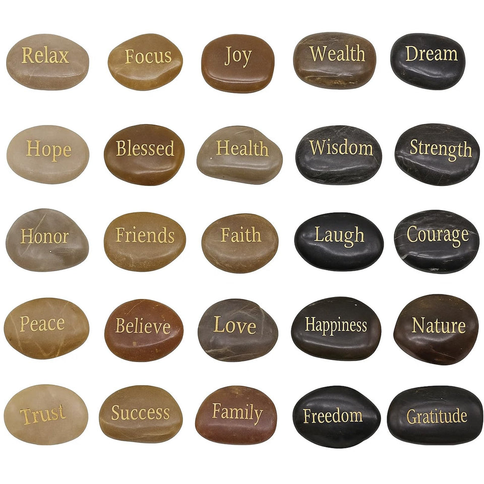 BigOtters 25pcs inspirational rocks pack with velvet pouch for desk mindfulness.