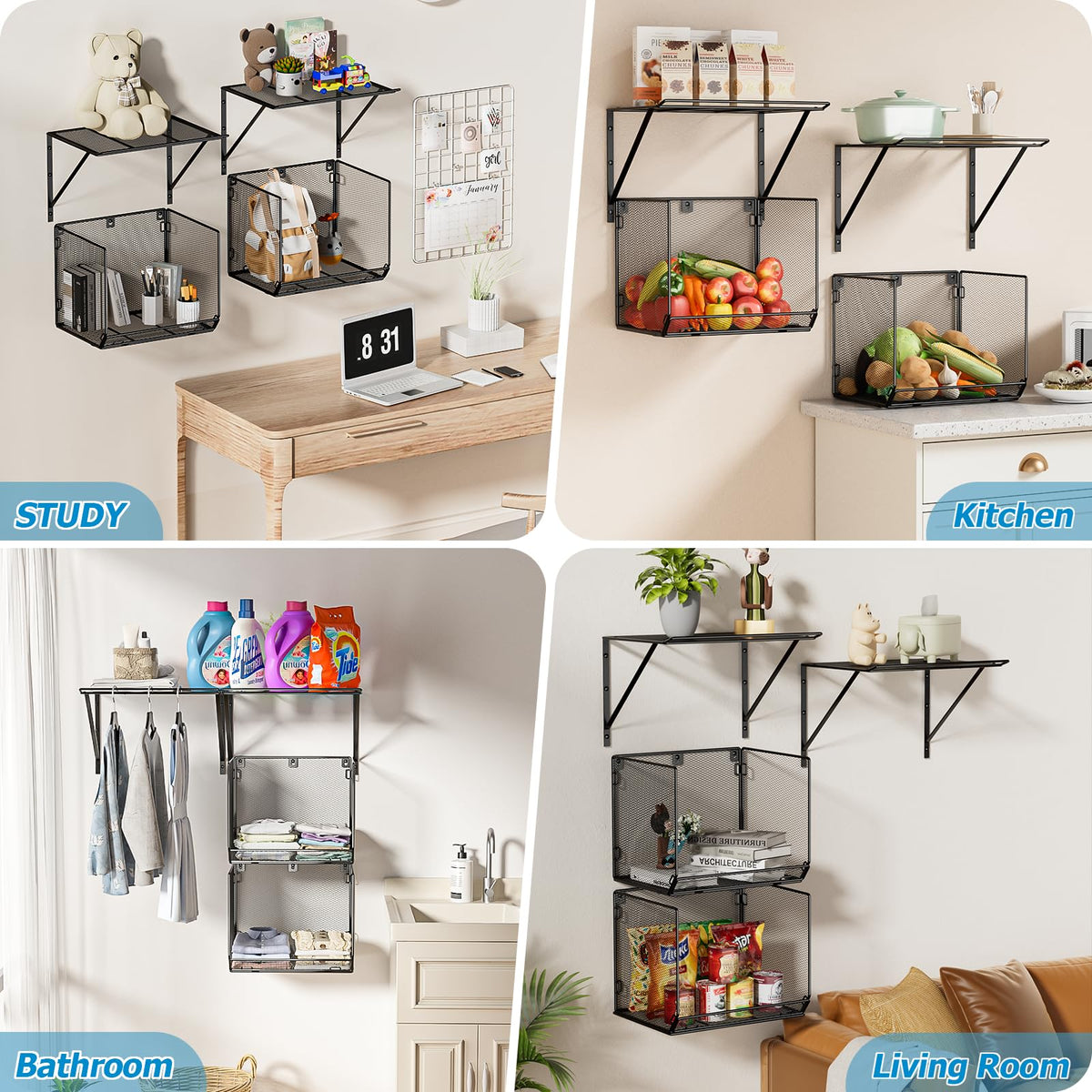 BigPonPon two racks and two baskets maximize vertical storage, reducing clutter.