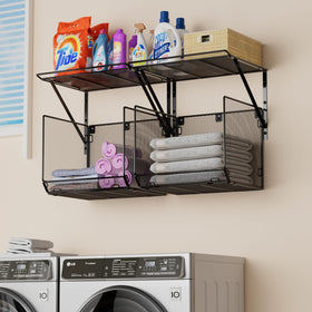 BigPonPon wire mesh basket on wall-mounted shelves over washer and dryer, keeping laundry organized.