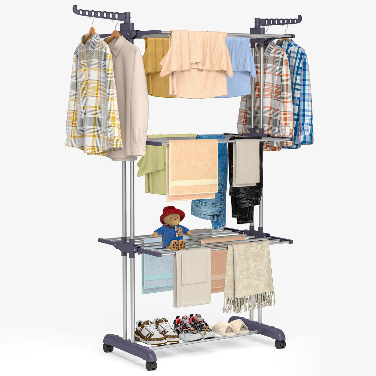 Bigzzia 4-tier clothes drying rack front view with retractable trays