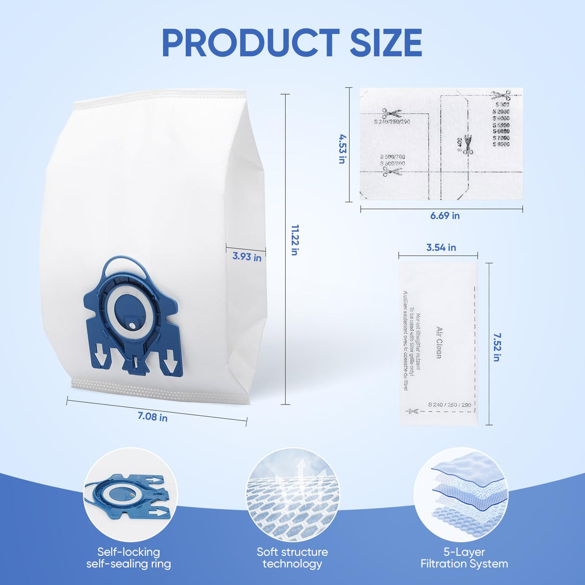 Five-layer GN bag material delivers durability for longer cleaning sessions.