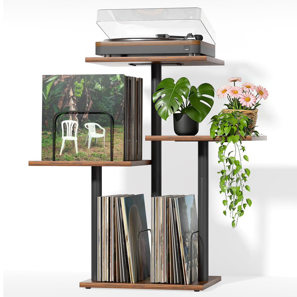 Bikoney Botanical Record Stand overview with 3-in-1 design for music, storage, and plants.