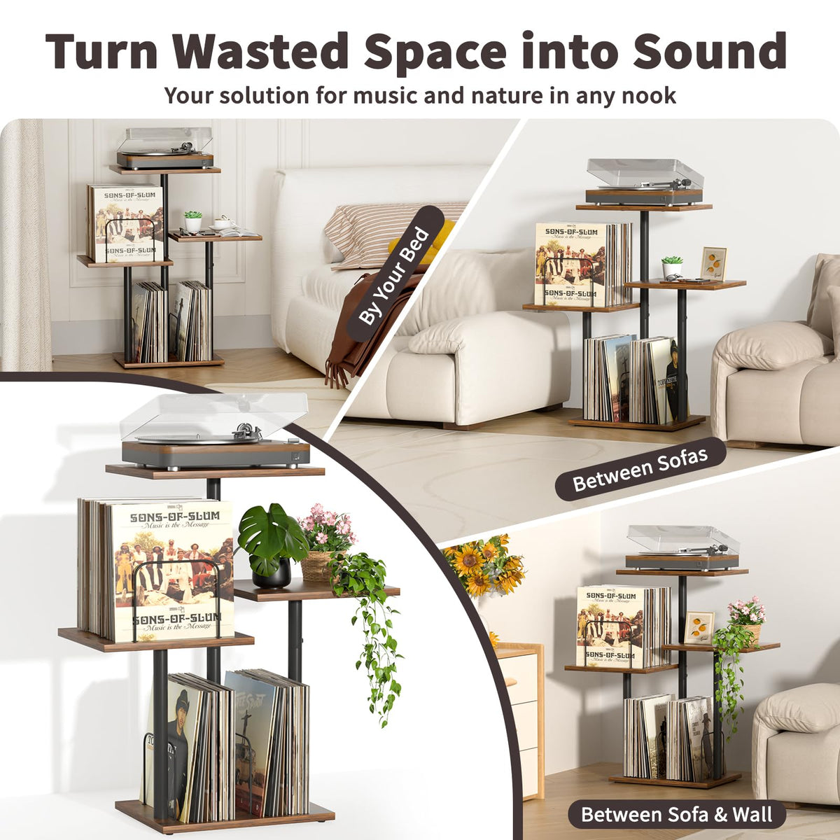 Vinyl storage area of Bikoney stand keeps albums organized and accessible.