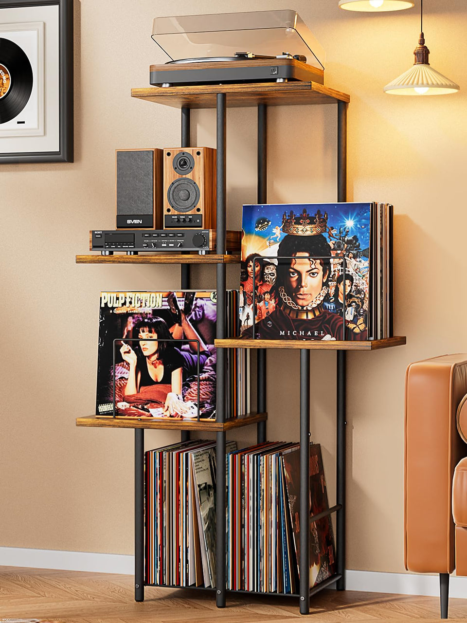 Bikoney Record Stand — ergonomic-43in-height for easy turntable access.