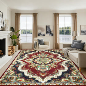 BIKOZI vintage boho floral medallion rug in red-black tones adds warmth to the living room.