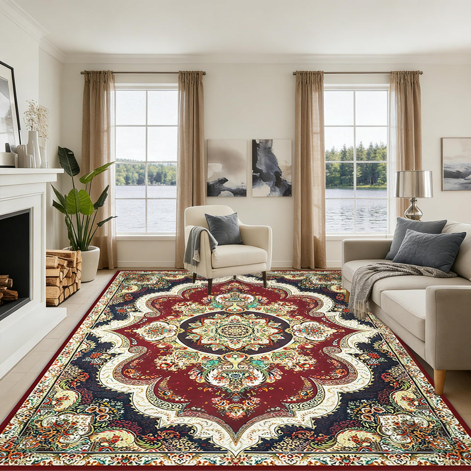 BIKOZI vintage boho floral medallion rug in red-black tones adds warmth to the living room.