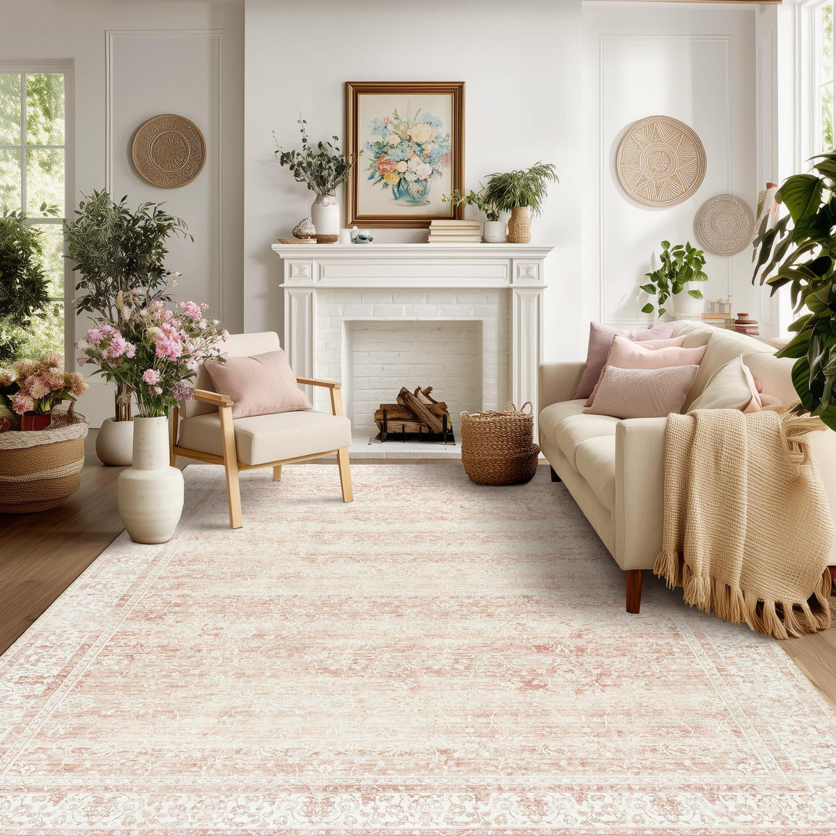 BILEEHOME light pink nursery rug creates a soft, large play area for baby girls.