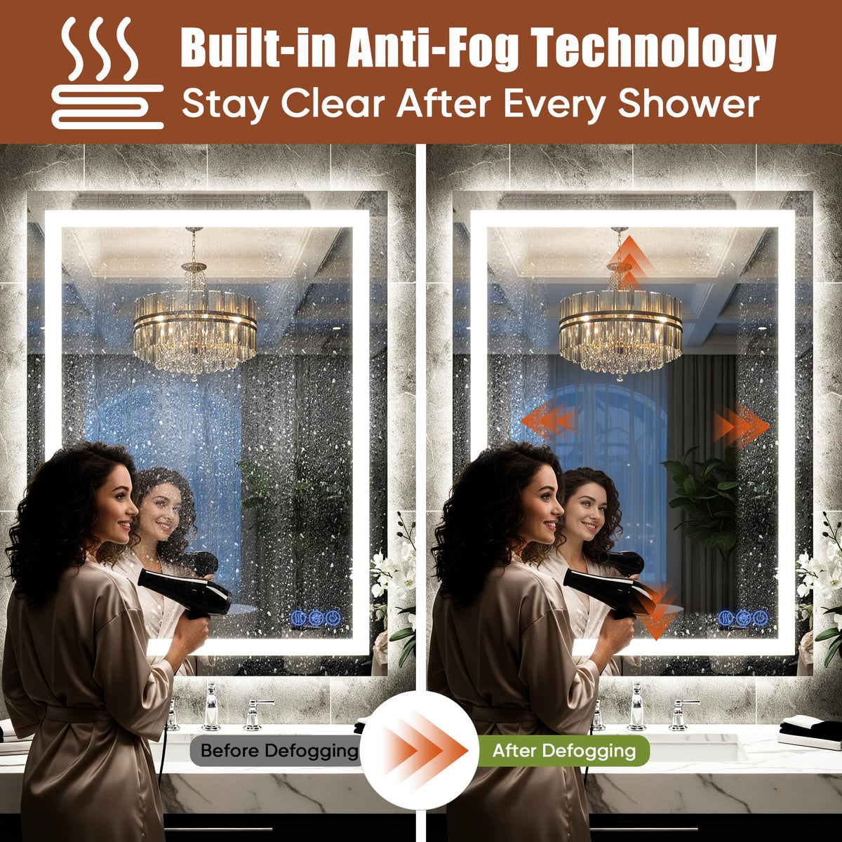 Bimno LED mirror demonstrates stepless dimming for adaptable brightness.