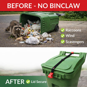 BinClaw lock strap on can lid secures outdoor trash against animals