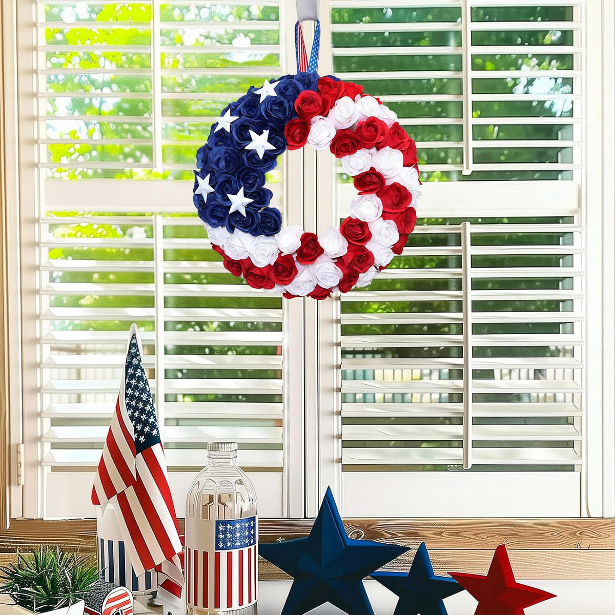 BINFEN front door patriotic wreath ready to hang for instant curb appeal.