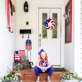BINFEN red white blue silk roses wreath for porch or window display.
