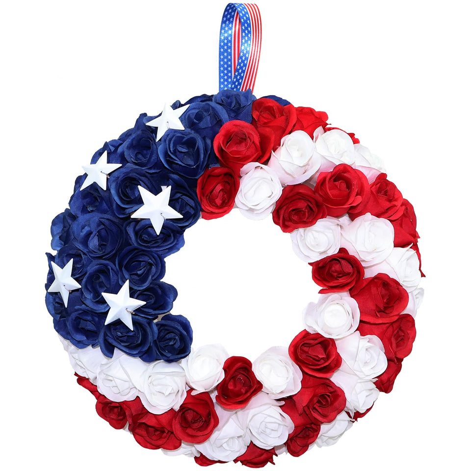 BINFEN silk roses 4th July wreath, 13-inch, vibrant patriotic door decor.