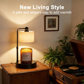 Linen shade and metal base provide stable farmhouse style.