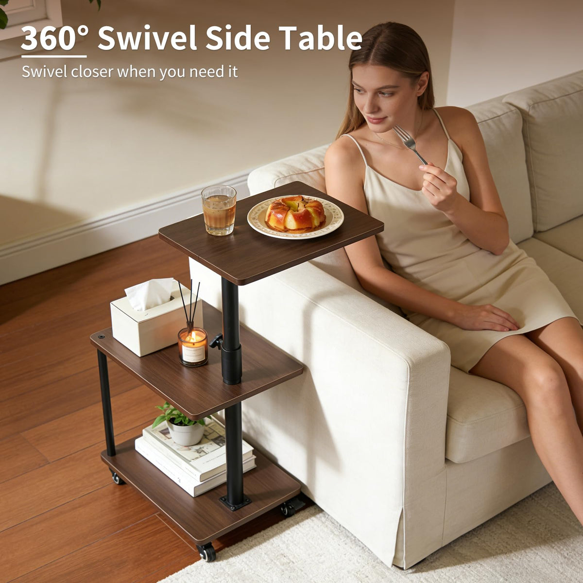 Bingyouth swivel side table adjustable height beside a sofa.