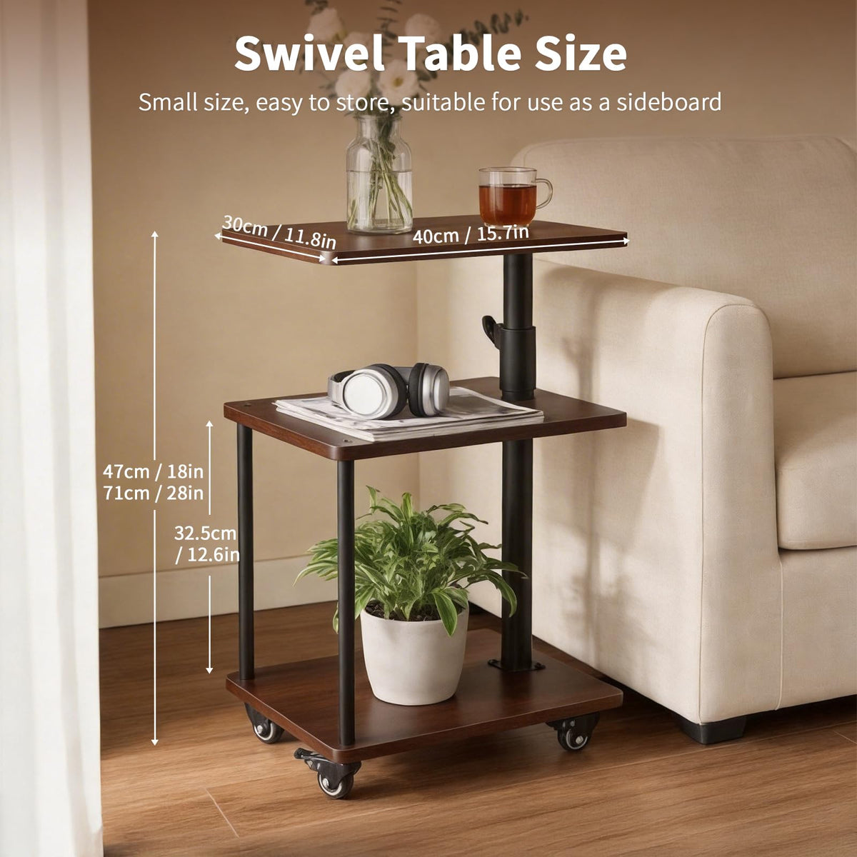 Bingyouth swivel side table sturdy iron frame and wood shelving.