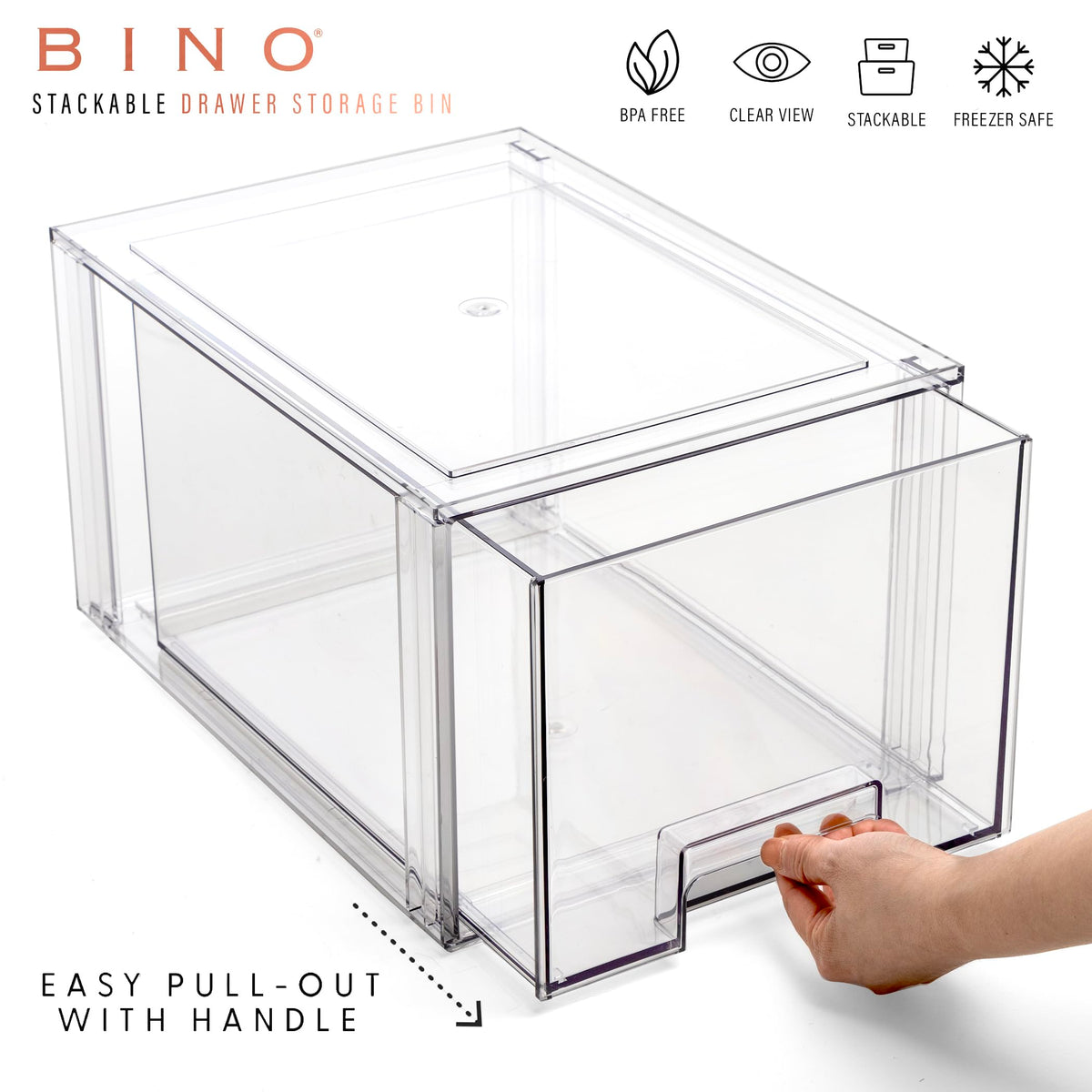 BINO clear stackable drawer stacked in pantry demonstrates compact organization.