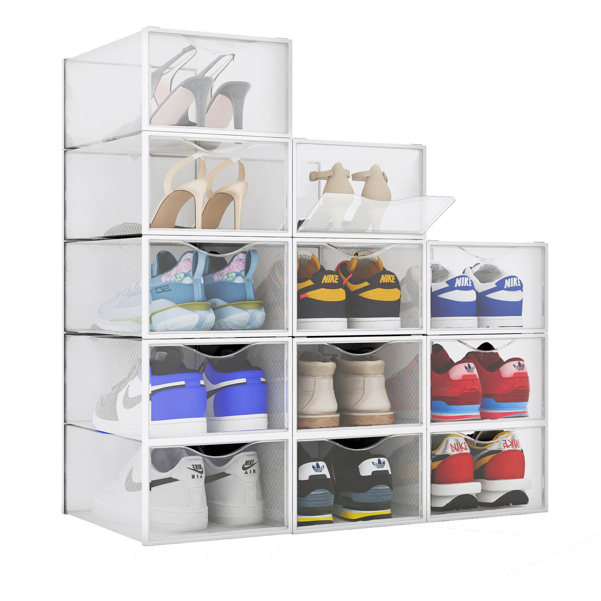 BINO clear stackable shoe box front view showing easy access and visibility