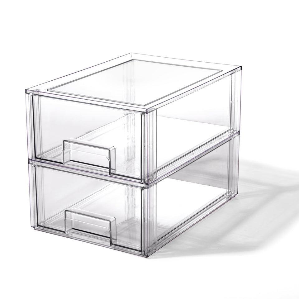 BINO clear stackable drawer in pantry provides quick visibility of items.