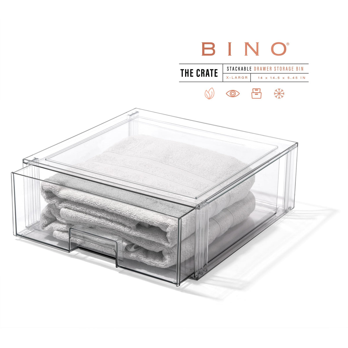 BINO clear stackable drawer on a shelf for versatile storage and minimal clutter