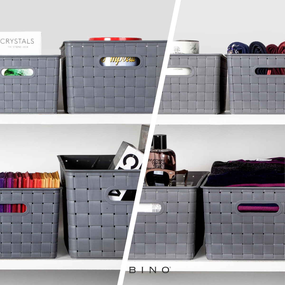 BINO basket with stackable design to maximize shelf space and reduce clutter.
