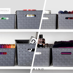 BINO basket with stackable design to maximize shelf space and reduce clutter.