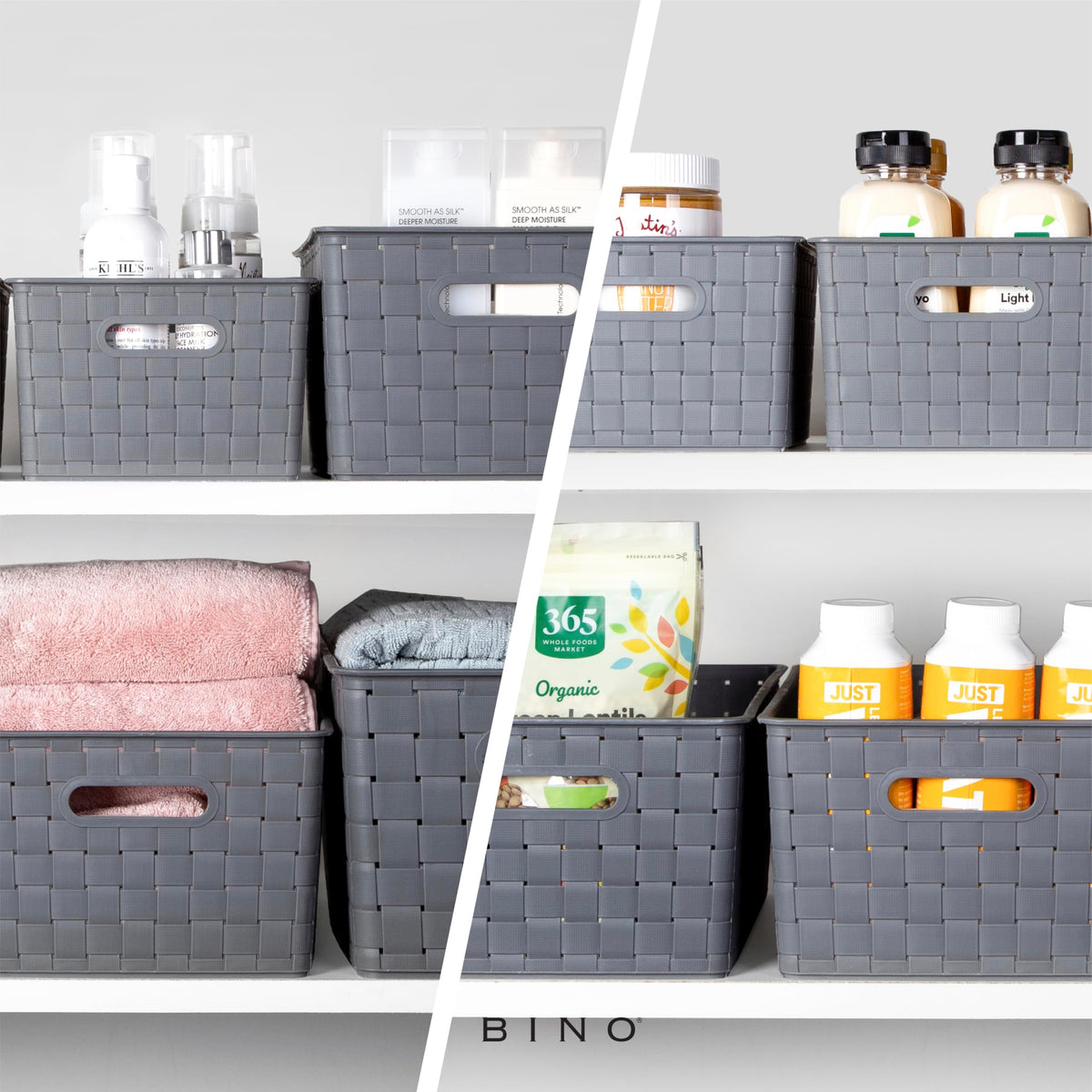 BINO rectangular storage basket placed inside a cabinet for tidy organization.