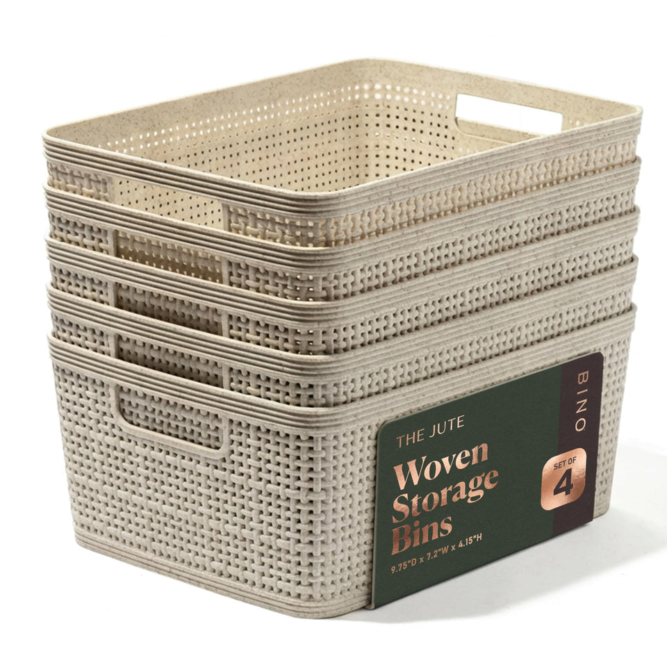 BINO small natural five-pack basket on a shelf for neat, compact storage.