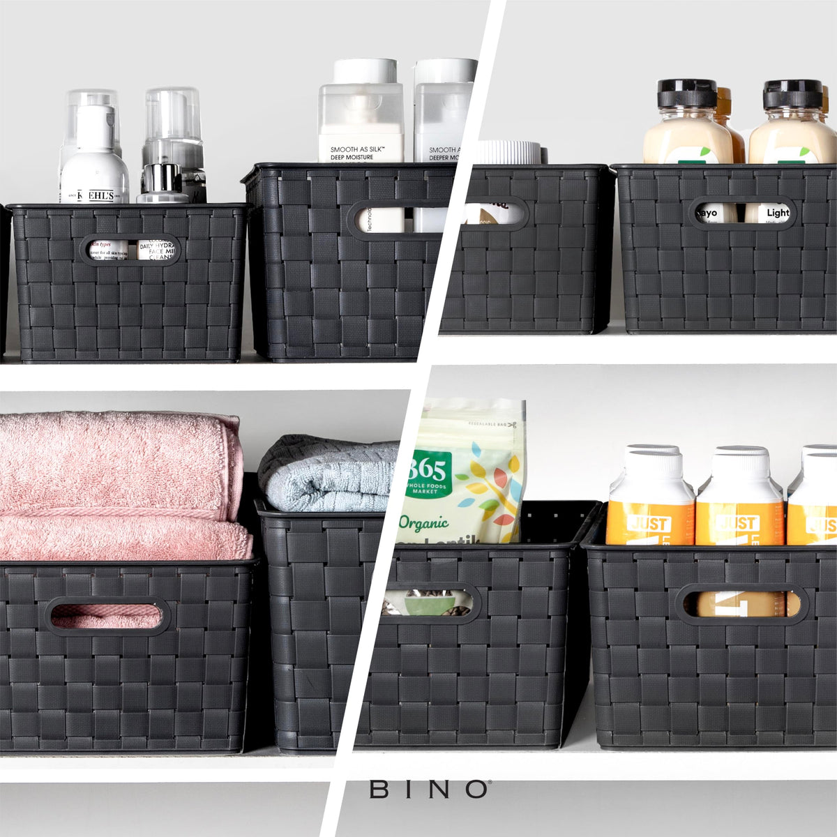BINO stackable plastic basket saves shelf space and simplifies storage