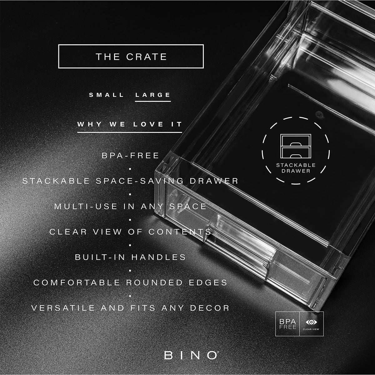 BINO stackable storage drawers, large clear side view for compact spaces.