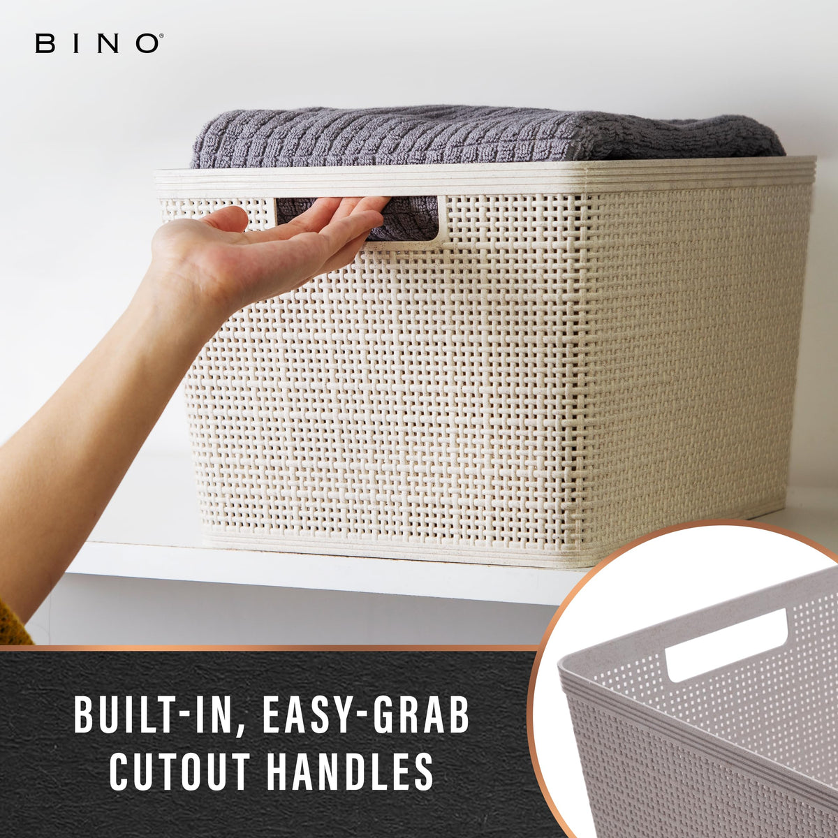 BINO woven plastic basket with integrated handles offers easy movement and versatile placement.