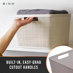 BINO woven plastic basket with integrated handles offers easy movement and versatile placement.