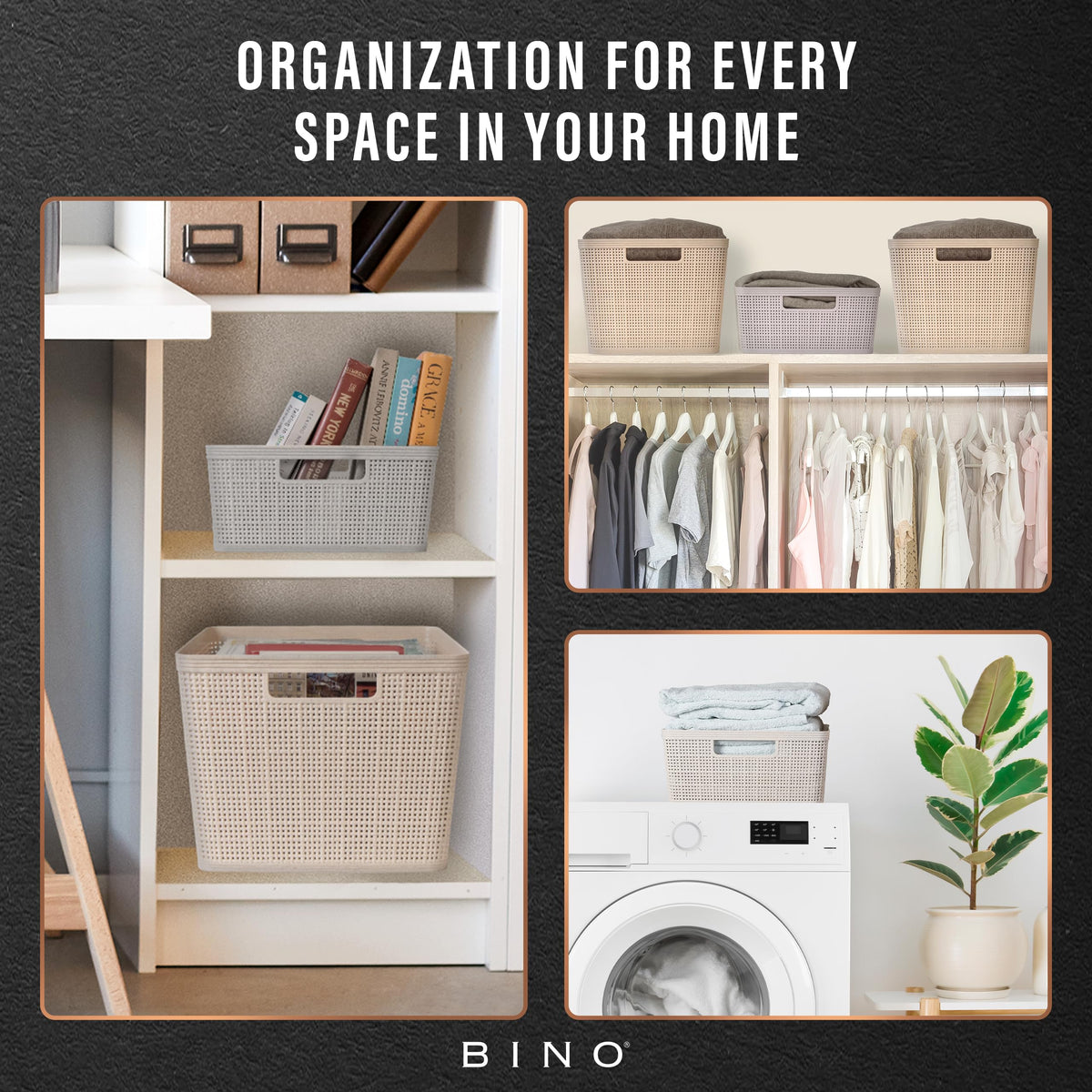 BINO baskets with handles for easy movement and stacking.