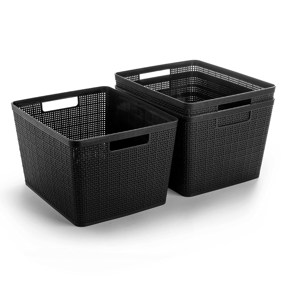 BINO woven plastic basket front view showing large capacity for clutter-free storage.