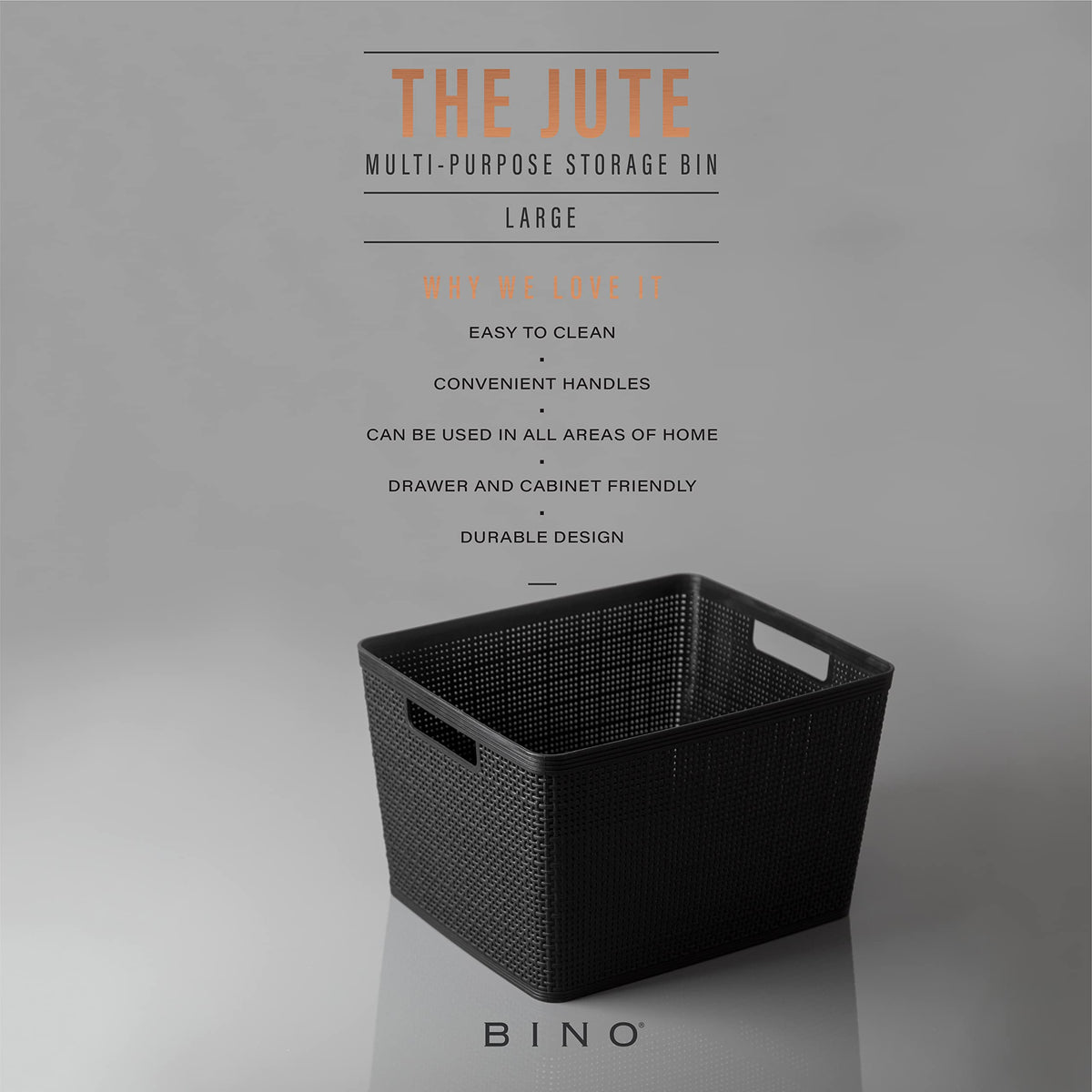 BINO large black 3-pack side view emphasizes stackable design for space saving.