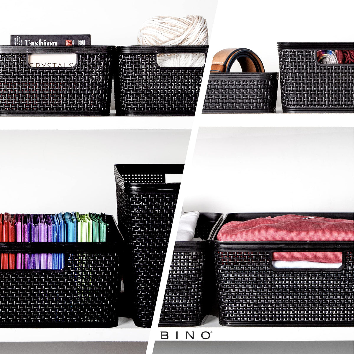 BINO 3-pack stacked display demonstrates easy organization in compact spaces.